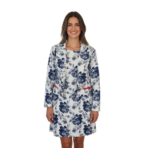 NWT Eva Mendes New York & Co. White + Blue Floral A-Line Dress + Blazer Size 16 - Picture 1 of 11